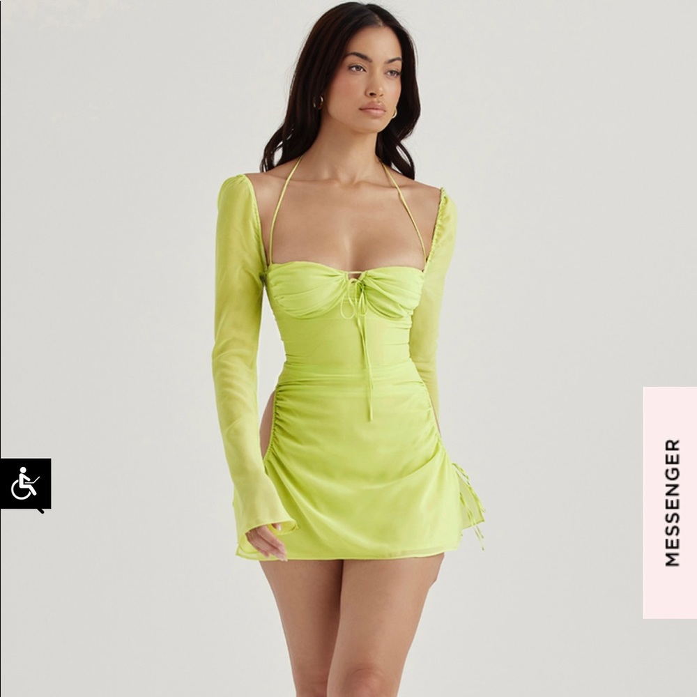 House of CB “BABY” LIME CHIFFON HALTER MINI DRESS